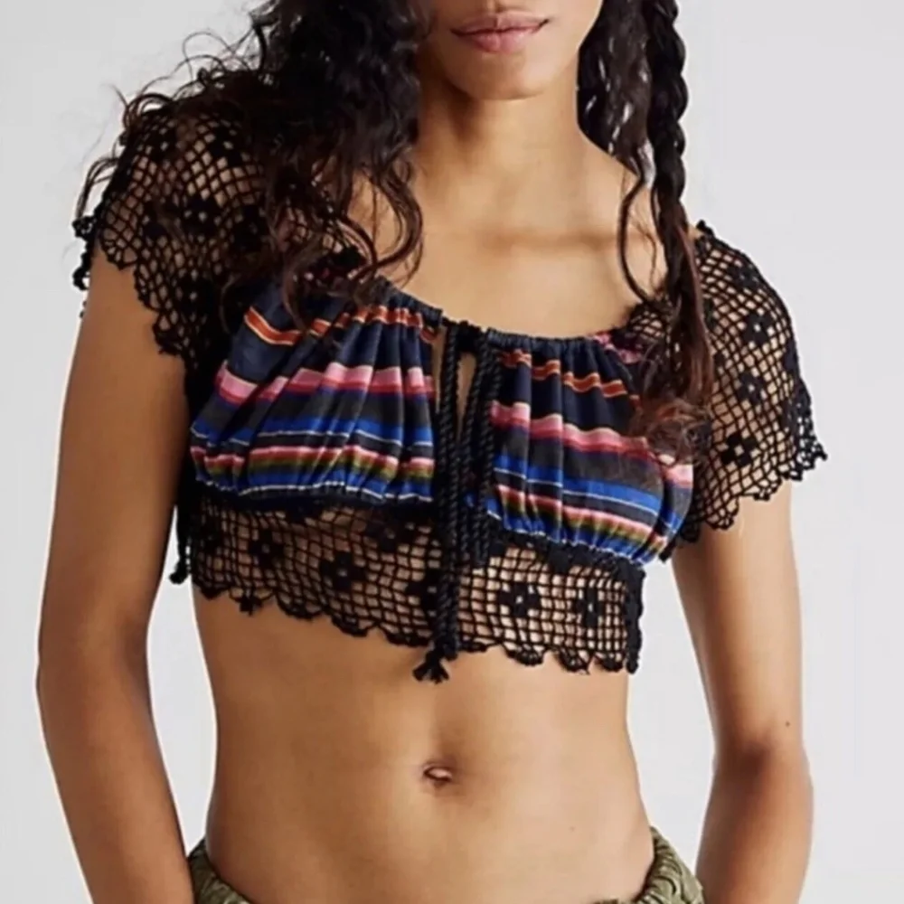 Free People NWOT Crop Top Size Small Aruba Crochet Multicolor Striped